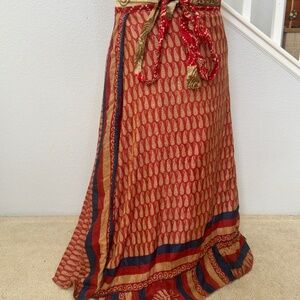 Reversible, dual-pattern Indian silk wrap skirt with red and tan color designs
